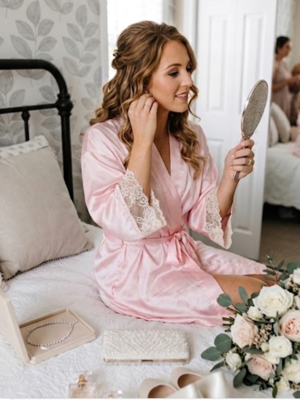 Victoria’s Secret vintage carnation pink robe with antique lace sleeve trim